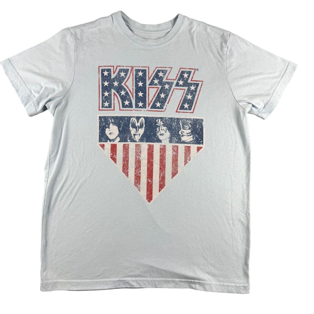 KISS Shirt Men's Large Blue Short Sleeve American Flag Band Tee Retro Cotton Top
